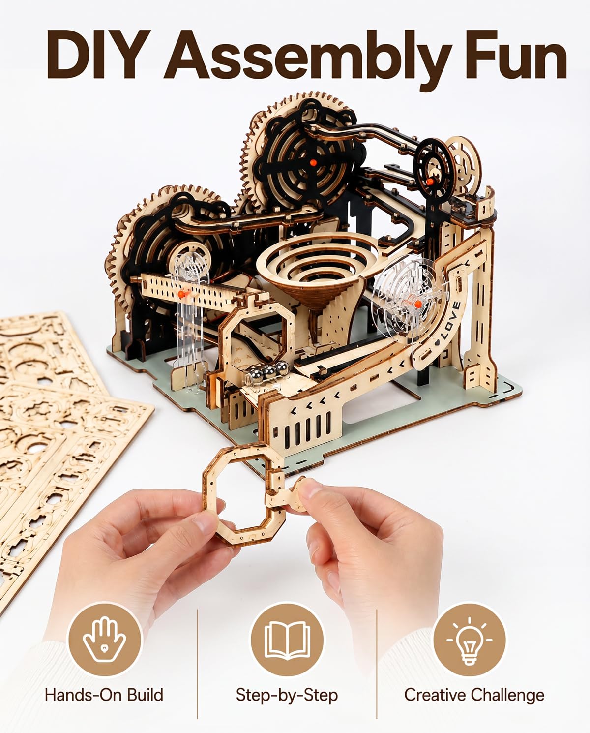 3D Wooden Puzzle for Adults, Electric DIY Marble Run Model Kit with Spiral Funnel, Gear-Driven Motion & Steel Marbles, Brain Teaser Building Toy, Creative Desk Decor Gift for Teens Adults 14+