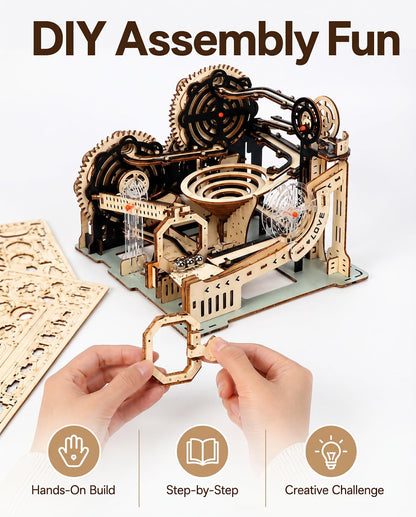 3D Wooden Puzzle for Adults, Electric DIY Marble Run Model Kit with Spiral Funnel, Gear-Driven Motion & Steel Marbles, Brain Teaser Building Toy, Creative Desk Decor Gift for Teens Adults 14+