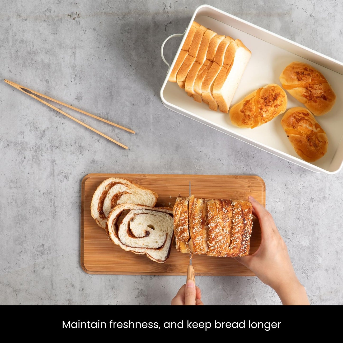 Talented Kitchen Countertop Bread Box - White Metal, Airtight Storage Container with Wood Cutting Board Lid & Side Handles - Wood Tongs Included - Bread Storage Container for Kitchen Organization
