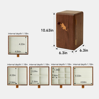 THFLSTR Black Walnut Solid Wood Cabinet Jewelry Box for Women, Large Velvet Lined Organizer with 6 Drawers, Cherry Wood Cat Inlays, Rosewood Handles, Gift for Her