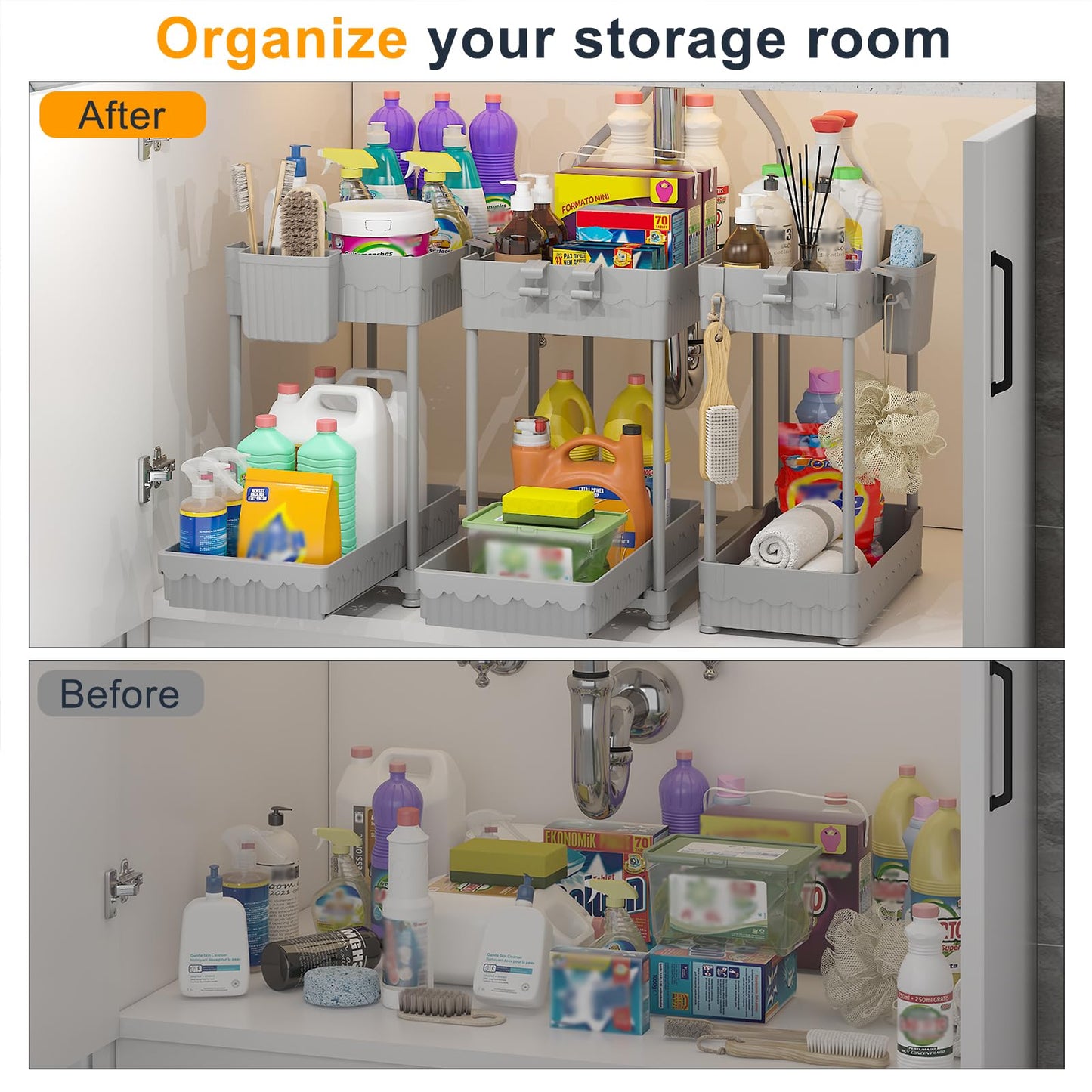 3 Pack Under Sink Organizers, 2-Tier Multi-Use Kitchen and Bathroom Organizers and Storage with Sliding Drawers，Bathroom Cabinet Organizer (Black, 12.8 Inch)