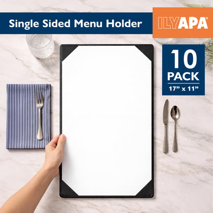 Ilyapa 10 Pack Restaurant Menu Covers 11 x 17 - Vinyl Leather Menu Holder, Single Sided Book with Corner Sleeves for Display of Wedding Menus, Weekly Kitchen Specials & Bar Drinks for Table Top