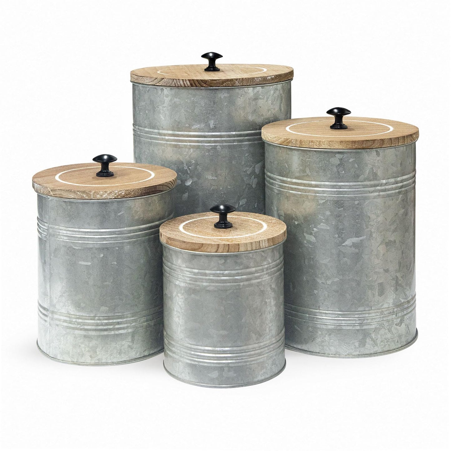 MODE HOME Galvanized Metal Kitchen Canister Set of 4 with Wooden Lids, Rustic Farmhouse Storage Buckets with Spangle Finish for Coffee, Tea, Snacks, Herb Planters & Beverage Tubs