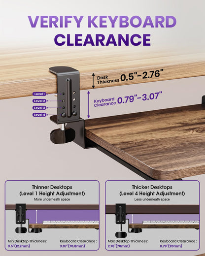 Zontera Ergonomic Mouse & Keyboard Tray Under Desk, Pull Out with Adjustable C-clamp, 20 (25.9 Including Clamps) x 11.8 Inch Slide Out Computer Keyboard Drawer Mouse Tray for Typing, Rustic Brown