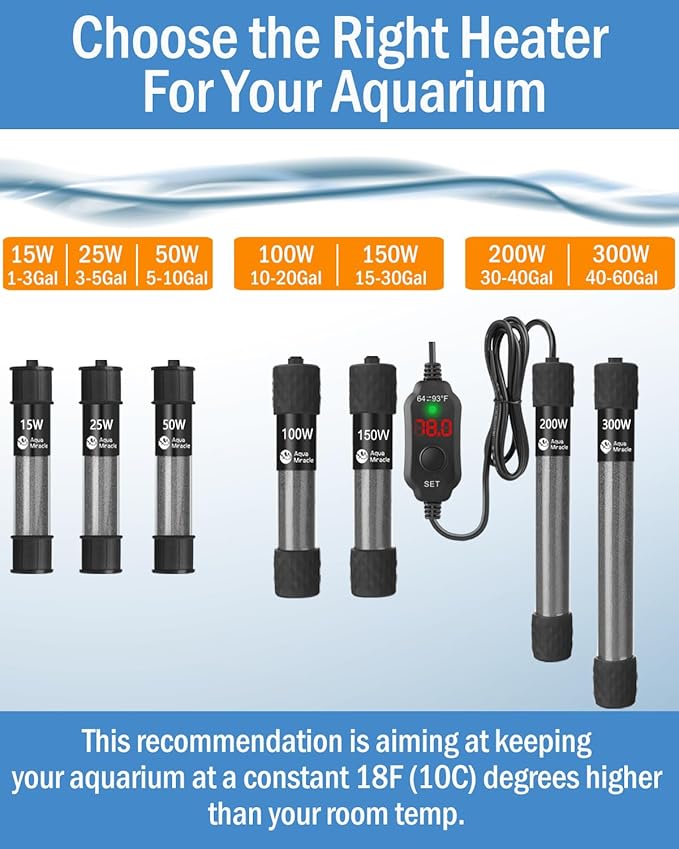 AquaMiracle Aquarium Heater 25W Fish Tank Heater for 3-5 Gal Tanks, LED Digital Display Thermostat Turtle Heater with Out-of-Water Auto Shut-Off, Overheat Protection & Memory Function