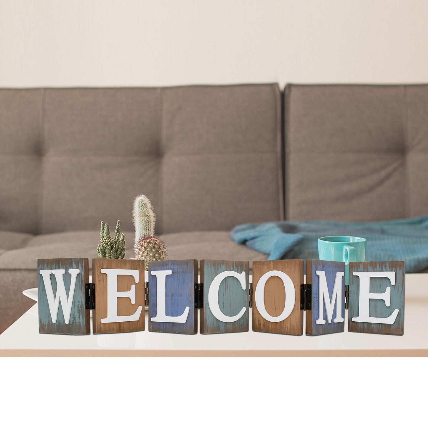 Welcome Tabletop Wooden Cutout Letter Sign - Folding Hinged Free Standing Rustic Love Word Sign for Table, Shelf, Mantel, Fireplace Farmhouse Home Decor