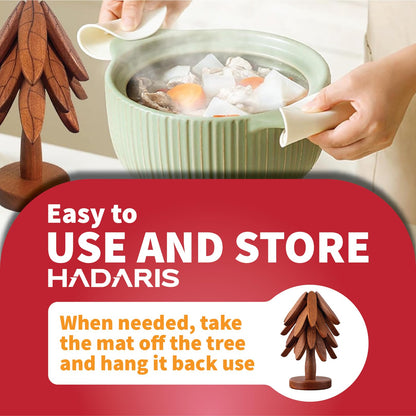 HADARIS Wooden Tree Trivet Set for Hot Dishes - 3 Pcs Foldable Heat Resistant Wood Coasters, Natural Walnut Finish Pot Holders for Kitchen Countertops and Dining Table, Unique Tree-Shaped Decor