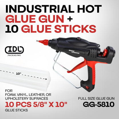 IDL Packaging GG-5810 Industrial 450W Hot Glue Gun with 10 pcs Glue Sticks - 5/8" x 10" Full-Size Glue Sticks - Hot Glue Gun Kit for Variety of Surfaces: Foam, Vinyl, Leather, or Upholstery