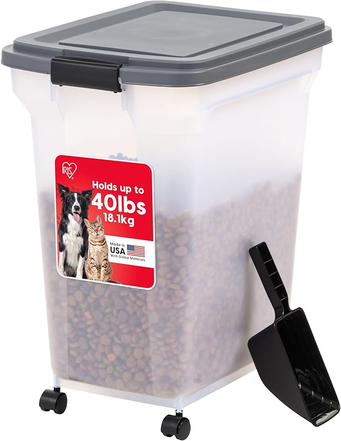 IRIS USA Dog Food Storage Container 40 lbs, Attachable Wheels, & Included Scoop