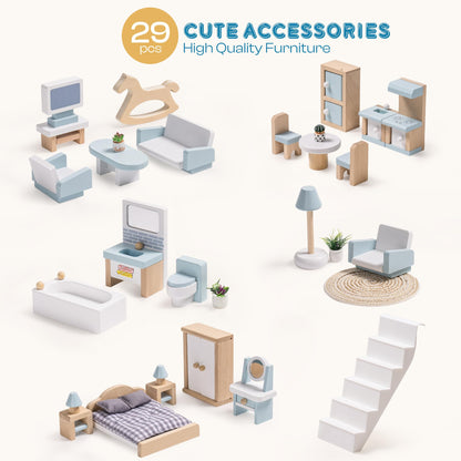 ROBOTIME Wooden Dollhouse, Wooden Doll House with 29 Pieces of Furniture, 6 Rooms Fits 4-6 Inch Dolls, Gift for Kids Ages 3+