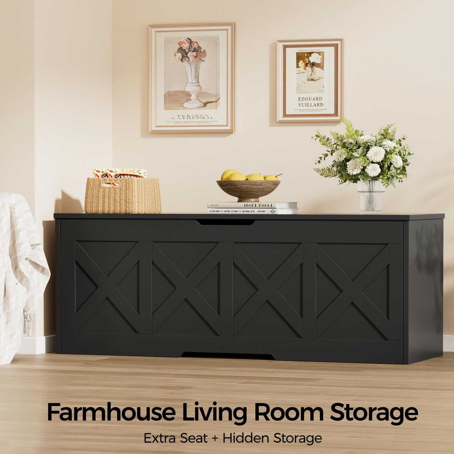 Homleke 47.2" Extra-Large Wooden Storage Chest – Farmhouse Toy Box, Entryway Bench, Bedroom Storage, Safety Hinge, Easy Assembly, Black