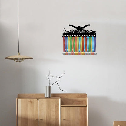 CREATCABIN Swimming Medal Holder Hanger Medals Hooks Sports Awards Display Rack Race Ribbons Organizer Black Metal Case Frame with 20 Hooks for Hanging Over 20 Medals Swimmer Medalist 15.7 x 5.9 Inch