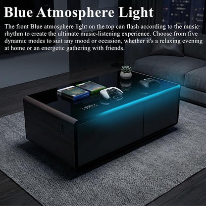 Smart Coffee Table with Fridge and Bluetooth Speakers, Smart Refrigerator Table with 15W Wireless Charger, Touch Control Panel, USB Port, Atmosphere Light and More, LT90 Pro-Brown