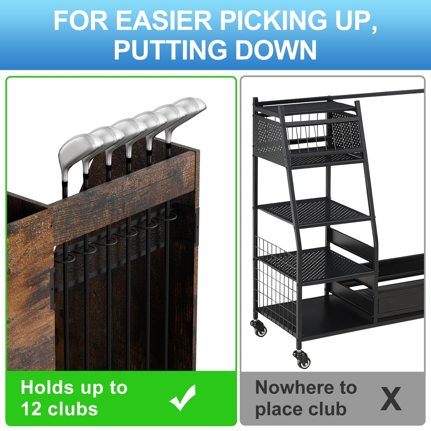 Ponsonbay Golf Bag Storage Organizer for Garage, Premium Wooden 2 Golf Bags Rack with Drawer, Easy Assemble Golf Club Stand/Holder Suitable for Garage Home Simulator and Office (Retro)