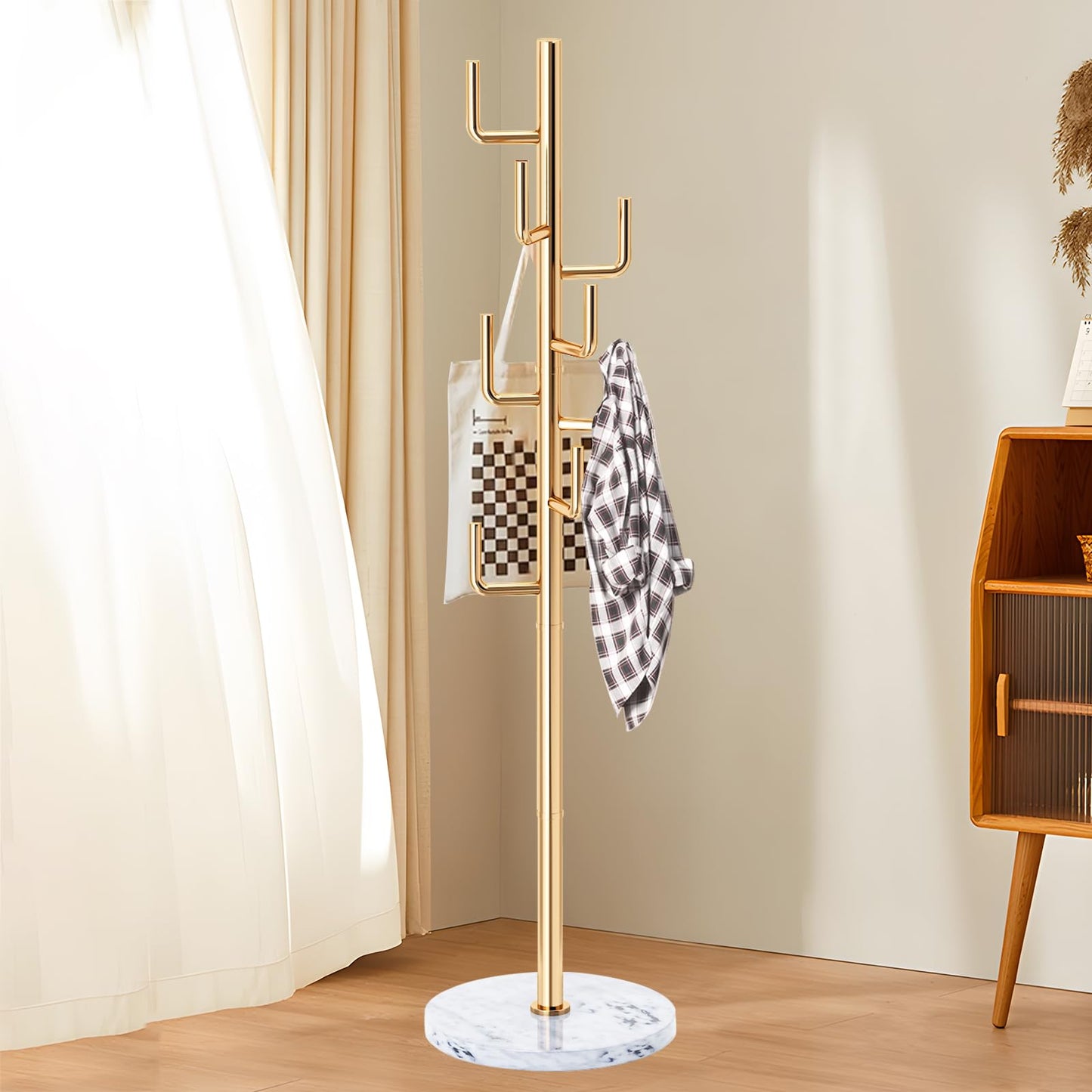LOZABEE Modern Metal Coat Rack Stand with Natural Marble Base, Heavy Duty Coat Rack Freestanding with 8 Hooks, Golden Cactus Standing Coat Racks for Bag, Jacket, Entryway Office (Golden Cactus)