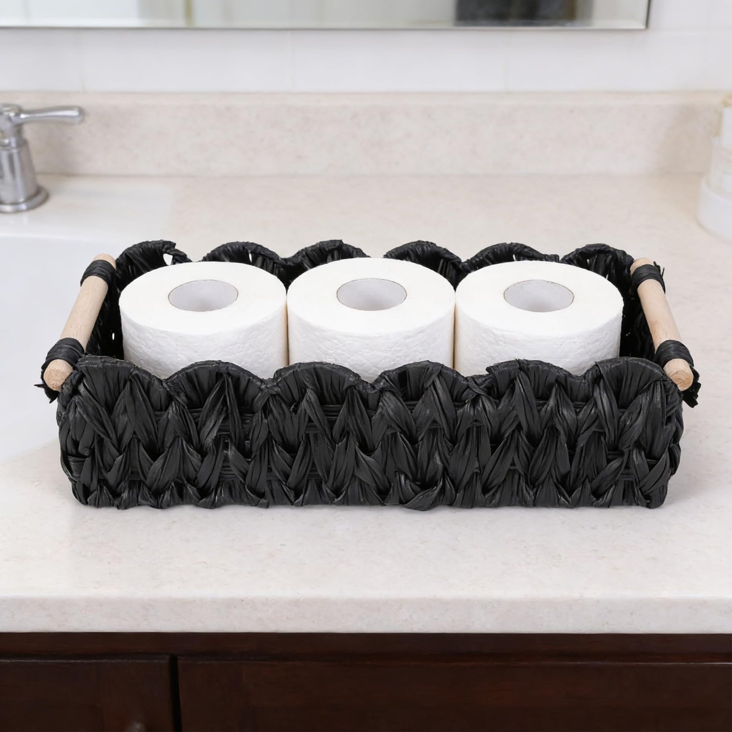 Duimbok Black Paper Rope Woven Basket, Scalloped Edge Toilet Paper Holder with Wooden Handles, Farmhouse Bathroom Storage for Over Toilet Shelf, End Table, Cozy Bedroom Decor