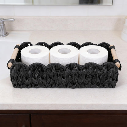 Duimbok Black Paper Rope Woven Basket, Scalloped Edge Toilet Paper Holder with Wooden Handles, Farmhouse Bathroom Storage for Over Toilet Shelf, End Table, Cozy Bedroom Decor