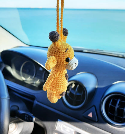 Giraffe Handmade Crochet Car Mirror Hanging Ornament – Cute Home Charm, Amigurumi Animal Decor for Car, Backpack, Nursery, Desk – Gift for Animal Lovers