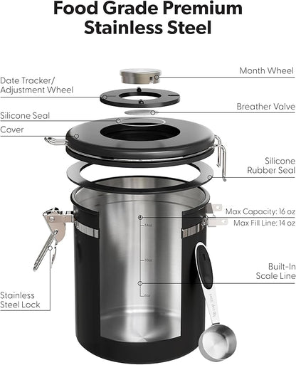 Veken Coffee Canister with Window, Airtight Stainless Steel Kitchen Food