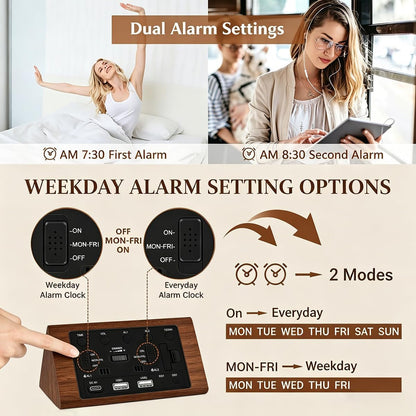 Kogonee Wooden Digital Alarm Clock, 0-100% Dimmer, 2 Alarm Settings, Weekday/Everyday Mode, 9 Mins Snooze, 12/24H, Temperature and Date Display for Office, Travel, Bedroom Alarm Clock (Brown)