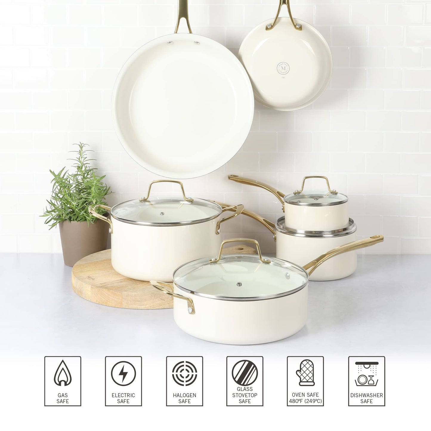 Martha Stewart Lockton Premium Non stick Non Toxic PFA Free Ceramic Interior 10 Piece Heavy Gauge Enamel Aluminum Pots and Pans Cookware Set - Linen White w/Gold Handle