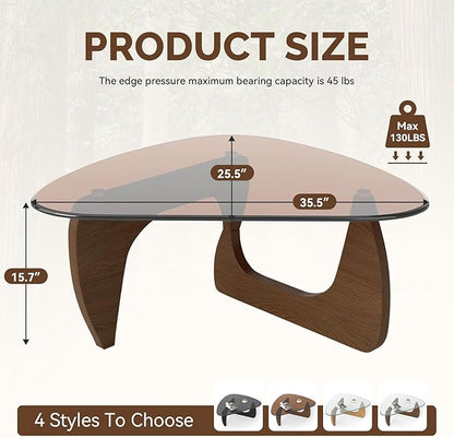 Modern Glass Coffee Table, Triangle Center Table with Tempered Glass Top& Unique Wooden Base, 35.5” Mid Century Tea Tables for Living Room, Apartment, Office,Walnut & Brown