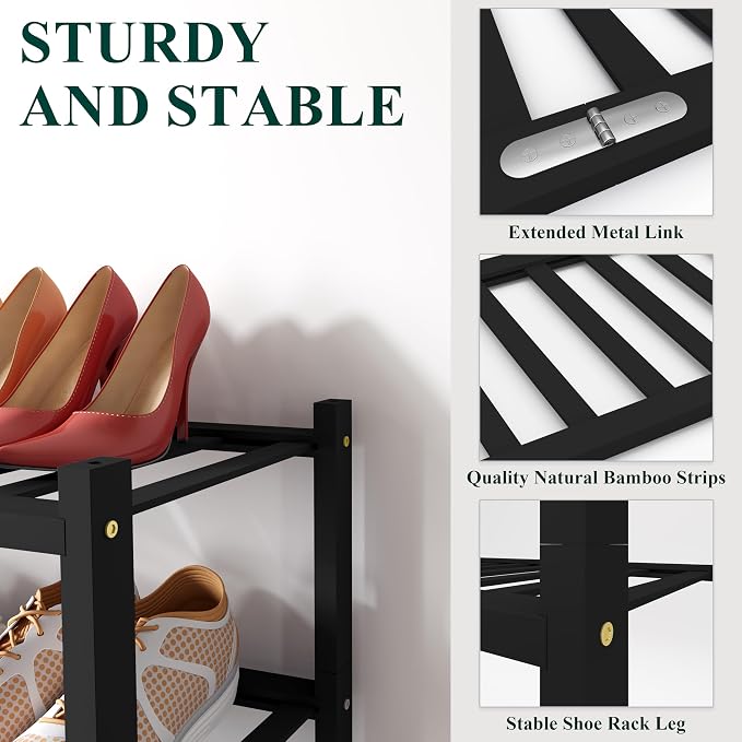 Smiry Long Bamboo Shoe Rack, 4 Tier Free Standing Wooden Shoe Organizer, Stackable Wood Shoe Storage Shelf for Closet, Entryway, 12 Vertical Slats, 2+2 Stack Standard Legs, 33.7"x11"x26", Black