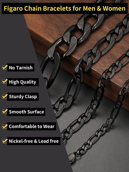 ChainsHouse Black Steel Bracelet Men and Womens 9mm 8.3/'' Punk Hip Hop Jewelry Stainless Steel Figaro Bracelets'' }