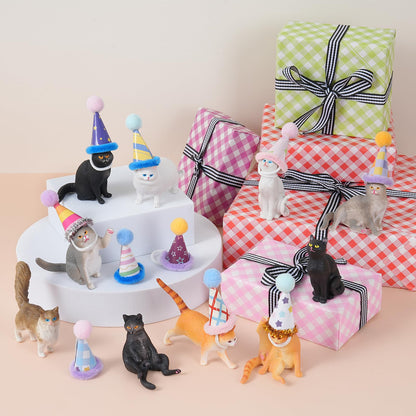 FCKLVMC 20 Pcs Miniature Cat Figurines with Birthday Hats Kit, Resin Tiny Cat Figurines Cake Toppers for Birthday Cat Cake Party Decorations