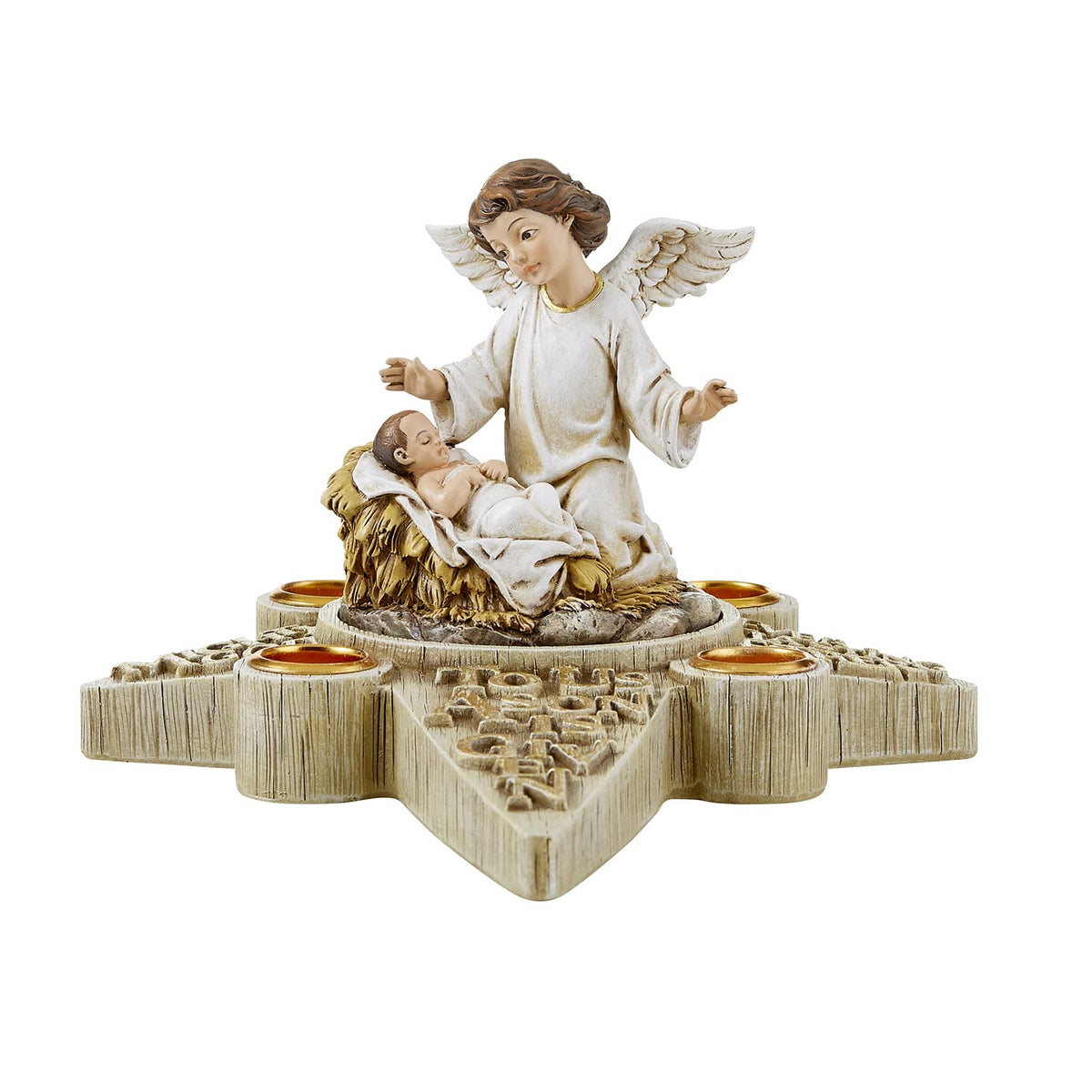 Avalon Gallery Sculpted Resin Advent/Christmas Candle Holder, 7.25" x 9.75", Angel Nativity Wreath