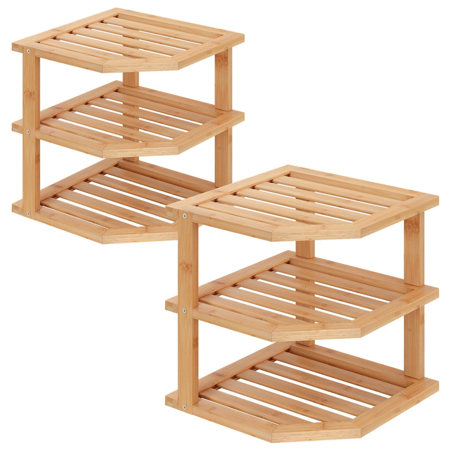 VERTORGAN 3 Tier Bamboo Corner Shelf(2 Pack),Plate Organizer,Dish Drying Rack,Kitchen Spice Rack for Countertop and Cabinet