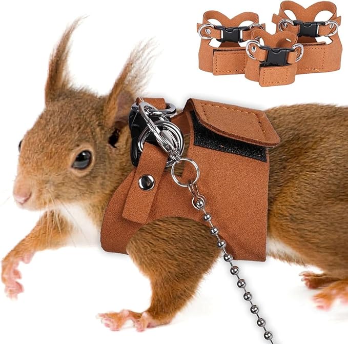 3 Pack Squirrel Harness and Leash Set - Adjustable Traction Rope Strap Anti-Biting Chain,Small Animal Training Walking Vest Leash for Squirrel Gerbil Chinchilla Rat (Brown)