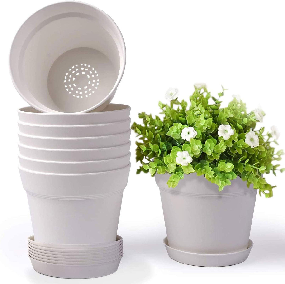 homenote Pots for Plants, 8 Pcs 7.5 Inch Plastic Planters with Multiple Drainage Holes and Tray - Plant Pots for All Home Garden Flowers Succulents, Cream White