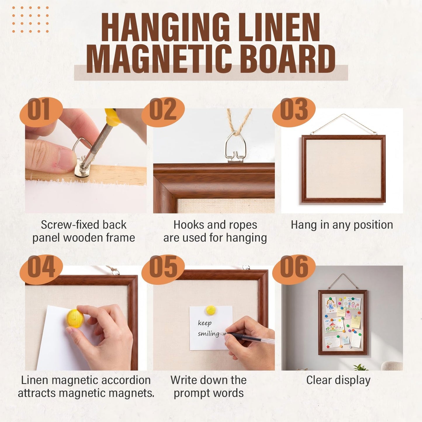 Poola Voidra Magnetic Linen Bulletin Board Wooden Frame Magnetic Board for Wall Farmhouse Hanging Metal Bulletin for Display Magnetical Letter Refrigerator Photo Number Note (16 x 13 Inch,Walnut)