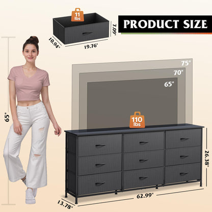 WLIVE 63''W Dresser for Bedroom, Black Dresser TV Stand for 65, 70, 75 inch TV, Wide Chest of Drawers with 9 Drawer, Large Entertainment Center, Fabric Dressers with Wood Top for Closet, Living Room