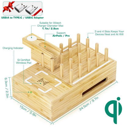 Bamboo Wireless Charging Station for Multiple Devices - Wood Docking Station Organizer, Qi Certified Fast Wireless Charger, 7 USB Charging Ports for Cellphone, Smart Watch, Earbuds, Tablet