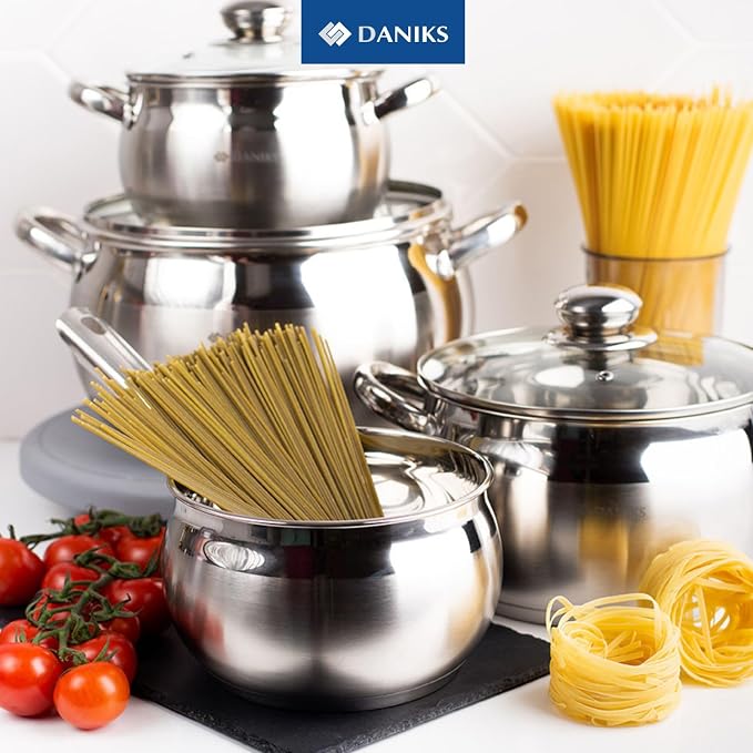 Daniks Classic 2 Quart Stainless Steel Stock Pot with Glass Lid, Tri-Ply Bottom for Even Heating, Induction Compatible, Dishwasher Safe