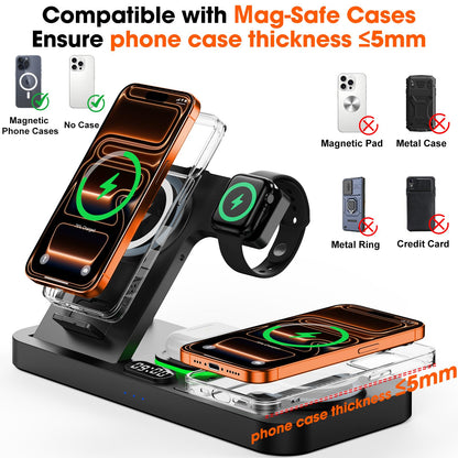 Dual Phone Magnetic Wireless Charging Station for Apple Devices/Apple Ecosystem, 7-Color Auto Light & 12H Clock, Multi-Device Charger for iPhone 17/16/15, for iWatch 11/10/9 & AirPods Pro3(Black