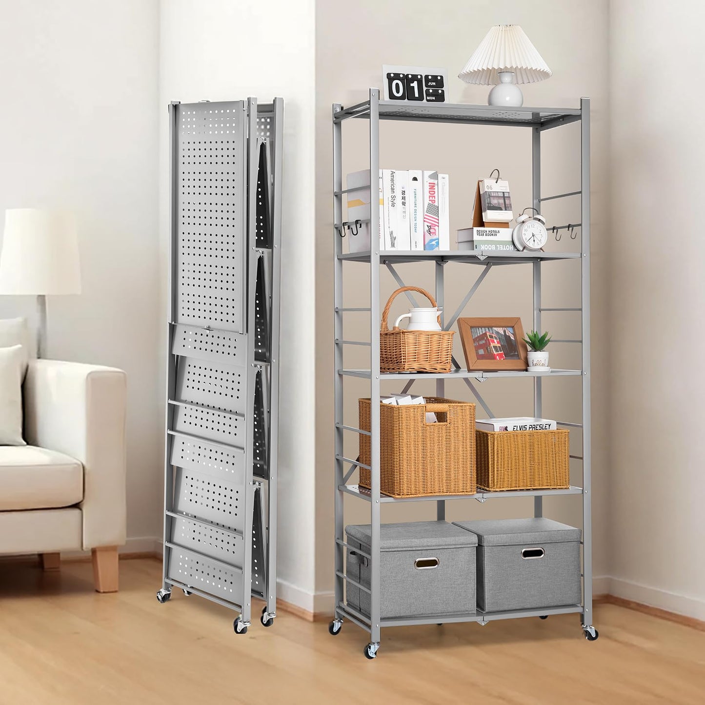 VEVOR 5-Tier Foldable Storage Shelf, 32W x 14D x 72H Inch Folding Metal Rack Shelving Unit, Heavy Duty No Assembly Organizer Shelf with 5 Wheels & 4 Hooks for Pantry, Kitchen, Garage, Basement, Grey