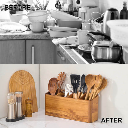 LOHONER Wooden Utensil Holder for Kitchen Counter, Acacia Wood Kitchen Utensil Holder for Countertop with 4 Compartment, Cooking Utensil Organizer, Silverware Caddy (Acacia Wood, 4Compartment)