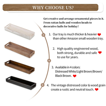 Hanobe Decorative Wooden ServingTray: Rustic Long Narrow Centerpiece Farmhouse Wood Candle Holder Trays with Cutout Handles Rectangular Coffee Table Tray for Living Room Kitchen Home Decor, White
