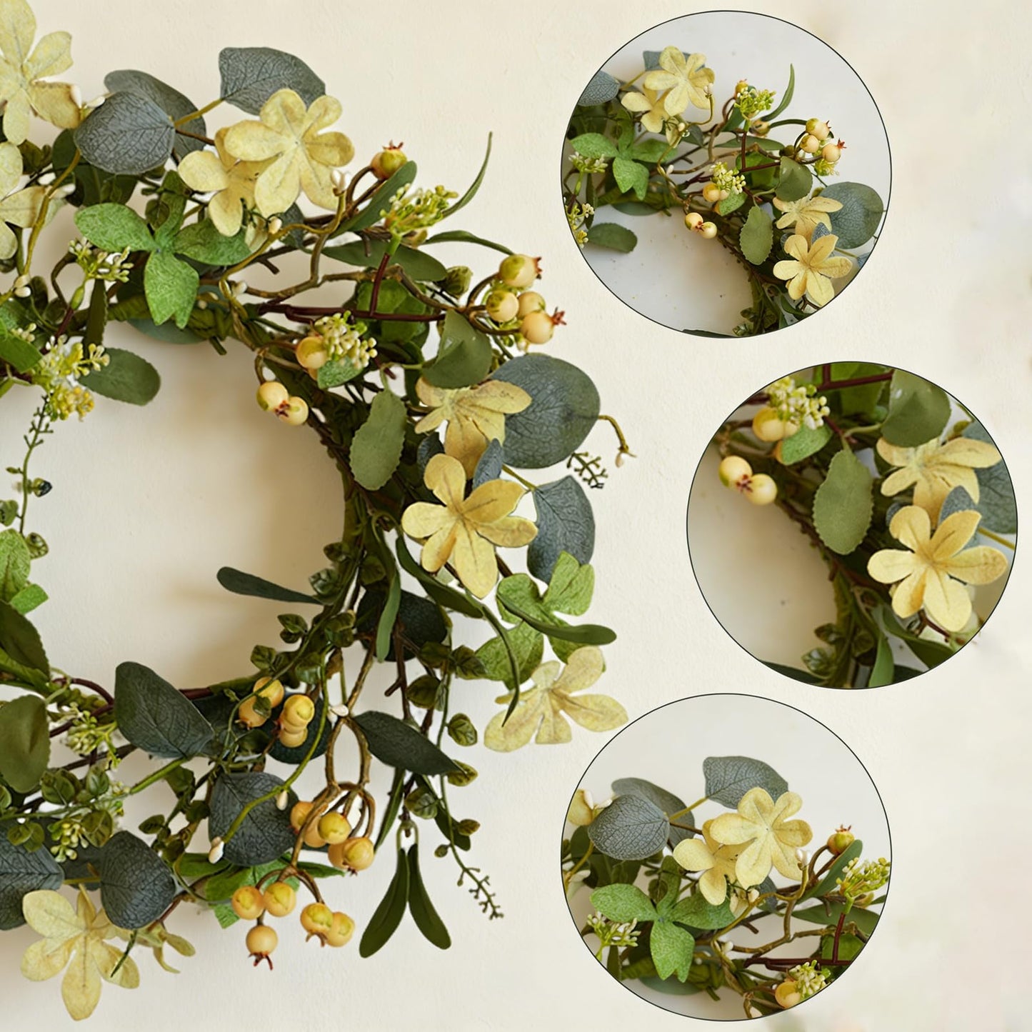 Bibelot Artificial Eucalyptus Berry Wreath, Front Door Wreath 16 Inch, Spring Greenery Wreaths with Berries for Outdoor Farmhouse Wall Window All Seasons
