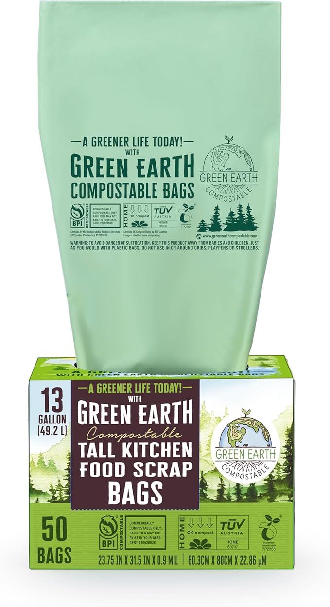 Green Earth Compostable Tall Kitchen Food Scrap Trash Bags, Superior Strength
