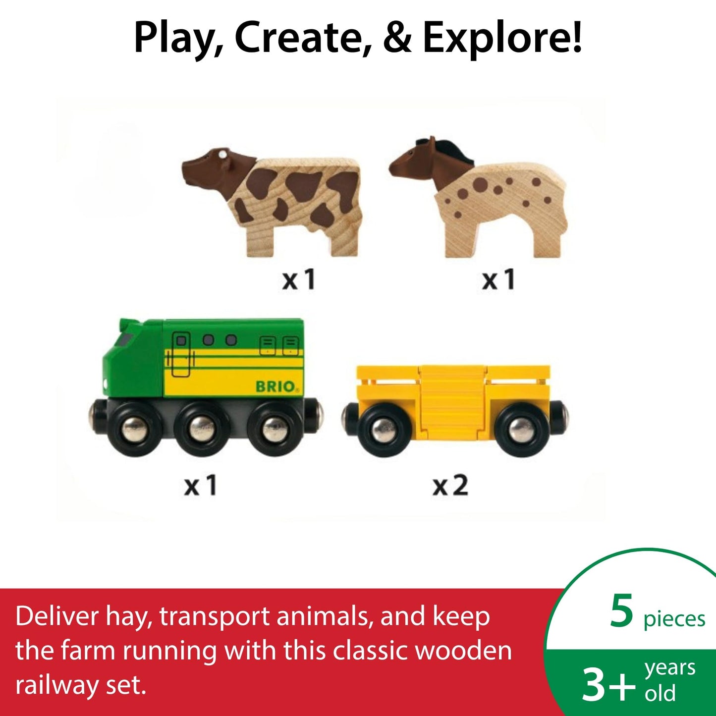 BRIO World Farm Train Set - 5-Piece FSC-Certified Accessories - Works with All Wooden Railway Sets - Includes Engine, Horse, Cow & Livestock Cars - Fun Play for Kids Ages 3 & Up