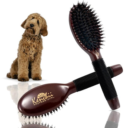 Kenchii Boar and Nylon Bristle Brush for Dog and Cat, Professional Grooming Brush with Maple Body, Lightweight, Non-Slip Rubber, Size Small
