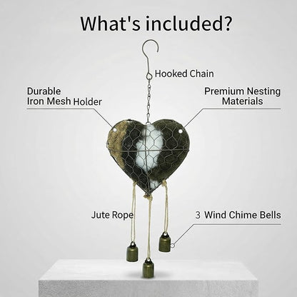 Handmade Alpaca Fiber Bird Nesting Heart Material with 3 Bells, Metal Wire Cage Holder for Wild Birds Hummingbirds Goldfinches, Refillable Garden Decor & Bird Lover Gift