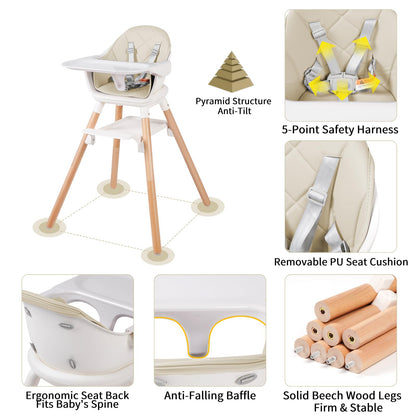6 in 1 Baby High Chair, Convertible Wooden High Chairs/Booster Seat for Babies and Toddlers, Baby Feeding Chair with 5-Point Harness/Double Removable Tray & Adjustable Footrest (Beige)