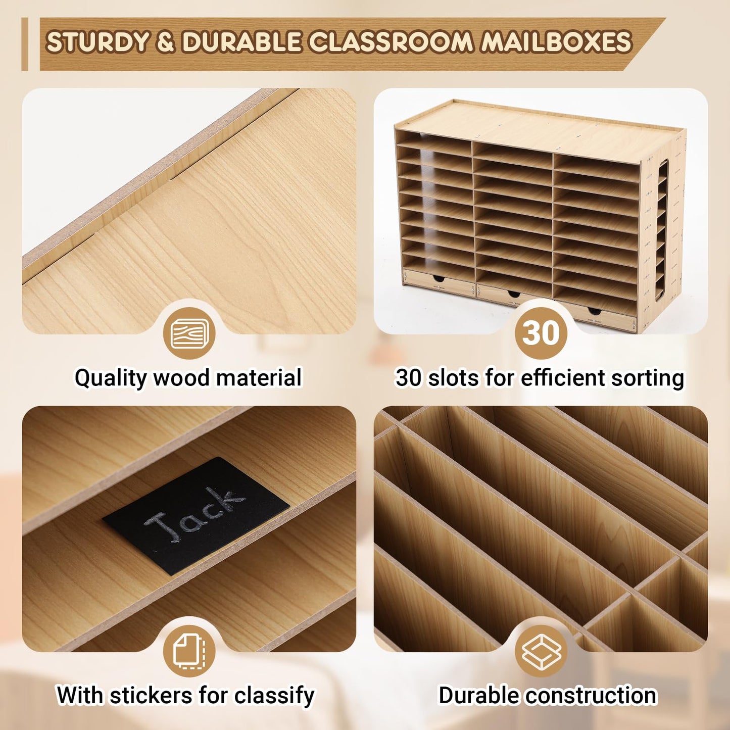 Colingmill Classroom Mailboxes Wooden Teacher Student Mailboxes for Classroom Literature Paper Organizer Compartments with Drawers, Sturdy Ease Setup for Home Office School(30 Slots)