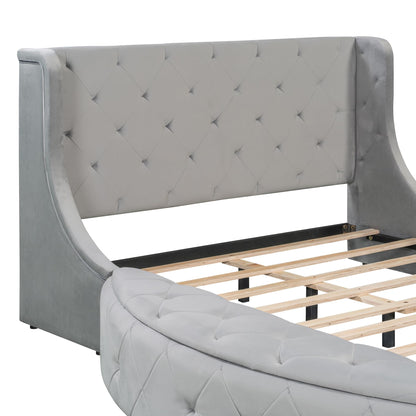 Merax Queen Size Velvet Upholstered Platform Bed with Wingback Headboard, 1 Big Drawer and 2 Side Storage Stool for Bedroom, Guest Room, Wooden Slats, No Box Spring