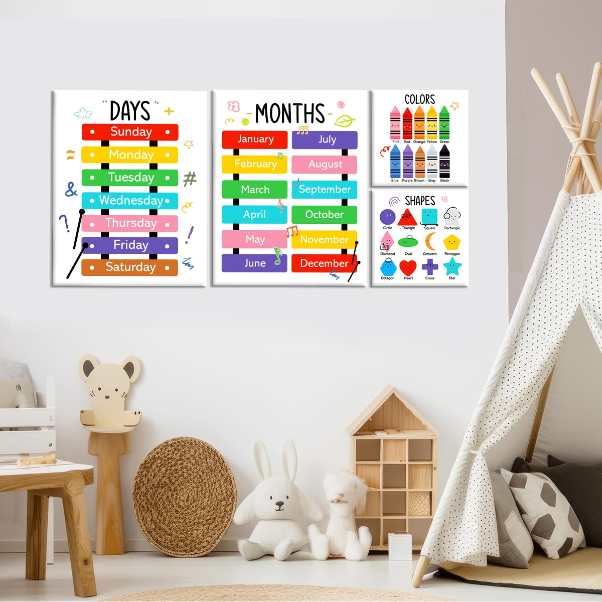 Colourful Alphabet Educational Wall Decor,Abc Chart Number Chart Educational Wall Art Canvas Frame Poster Print for Classroom Homeschool Nursery Wall Decor Set of 6